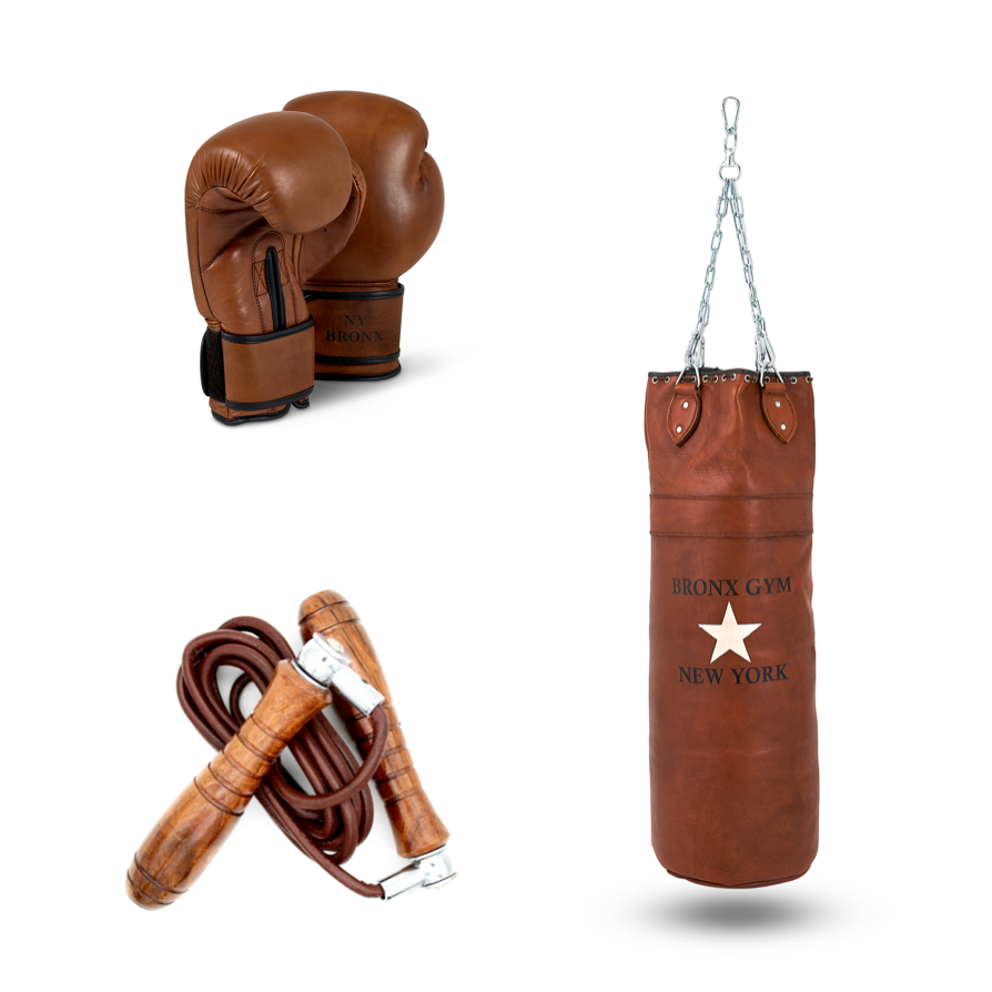 Leather Boxing Essentials Set – Bronx Gym (Punch Bag, Gloves & Skipping Rope)
